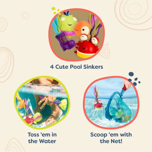 Vista 3 de B toys by Battat - Juguetes para piscina de animales marinos; incluye 1 red con forma de tiburón y 4 juguetes de agua para niños mayores de 3 años