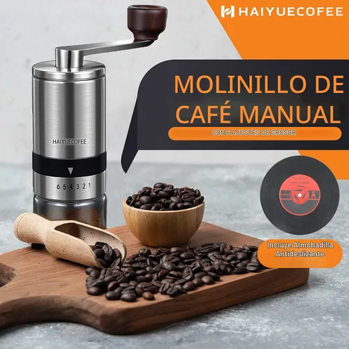 Vista 2 de Molinillo de café manual con 6 ajustes de grosor ajustables, molinillo de café con manivela de mano con rebabas de cerámica para granos de expreso