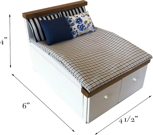 Vista 7 de Juego de ropa de cama tamaño Queen, mini accesorios de dormitorio para muñecas de 6 pulgadas, ropa de cama gris, marco de madera blanco, escala 1/12