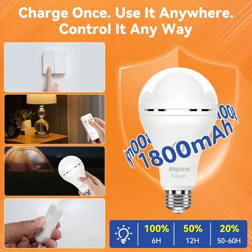 Vista 6 de Bombillas LED Recargables con Control Remoto MagixPro, Carga USB y Enchufe, Batería de 1800mAh, Bombilla LED Regulable para Lámparas Cableadas y No