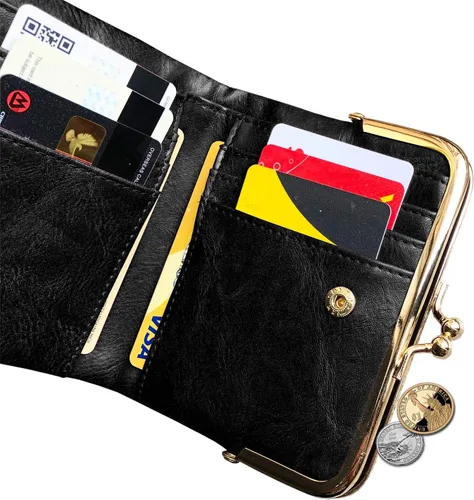 Vista 5 de Cartera para mujer pequeña plegable Rfid Mini monedero vintage con cremallera y cierre de beso (negro)