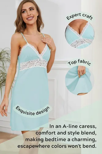 Vista 5 de Camisones de descanso para mujer, camisola con cuello en V, sexy, ropa de dormir de encaje para mujer