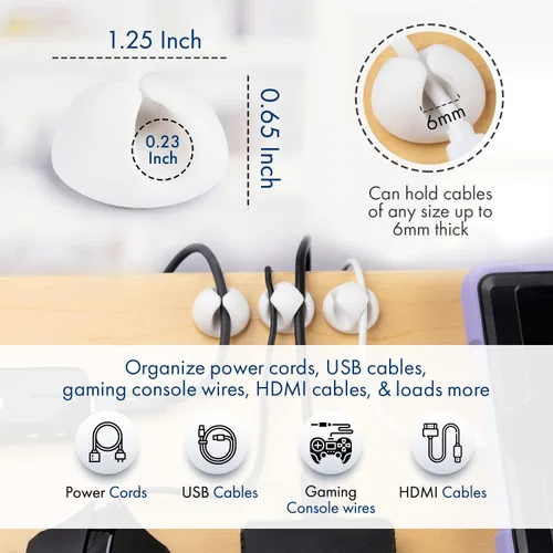 Vista 3 de Prácticos clips para cables – Soportes para cables compactos y adhesivos para organización de cables – Protectores de cables con respaldo adhesivo