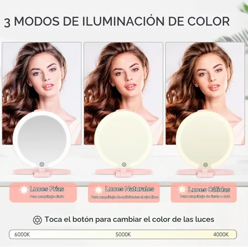 Vista 5 de FUNTOUCH Espejo de maquillaje de viaje recargable de 7 pulgadas, aumento Rosa