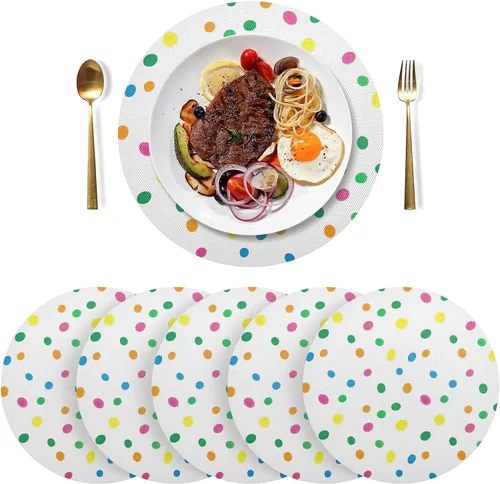 Vista 3 de Colorful Polka Dots White Round Placemat, Non Slip Heat Resistant Mats for Kitchen one sizex6