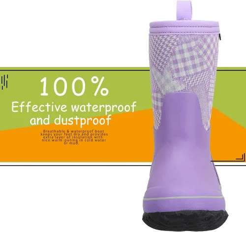 Vista 4 de CNSBOR Botas de lluvia de neopreno impermeables con aislamiento para niños con botas de lluvia fáciles de poner para jóvenes