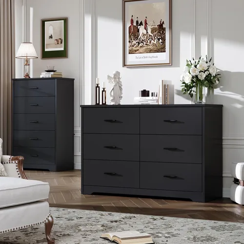 Vista 4 de LIDYUK Cómoda negra para dormitorio, cómoda de 6 cajones y cómodas, cómoda de madera moderna, cómoda de 48 pulgadas de ancho para dormitorio