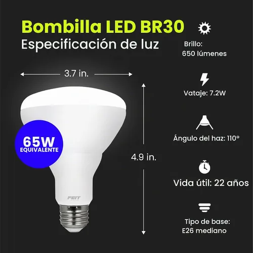 Vista 3 de Feit Electric Bombilla LED BR30, equivalente a 65 W, regulable, 650 lúmenes, base estándar E26, blanco suave de 2700 K, 90 CRI, bombillas Blanco