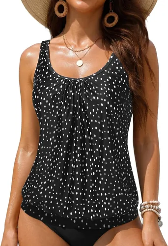 Vista 28 de Yonique Top Tankini Blouson para Mujer Sin Parte Inferior Top de Natación de Ajuste Holgado Top Tankini Modesto Negro