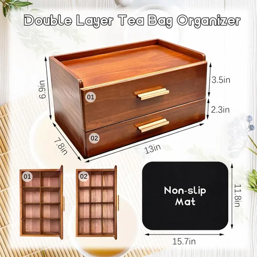 Vista 2 de Organizador de bolsas de té de madera con paspartú, bolsa de almacenamiento de té de madera, soporte para caja de té de doble cajón con 20