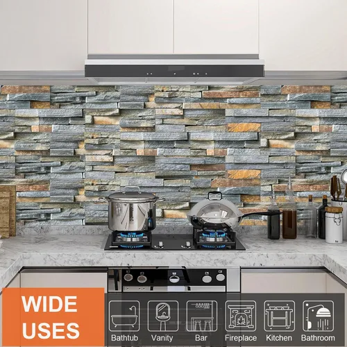 Vista 3 de TUOKING 3 Piezas Azulejos Despegar y Pegar para Salpicadero de Cocina 4"x 12" PVC Autoadhesivos Subway Mate Imitación Piedra Panel de Pared Ladrillo