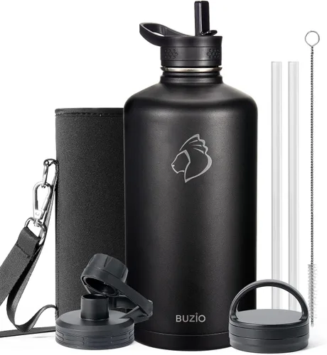 Vista 42 de BUZIO Botella de agua de 32 onzas aislada con popote y 3 tapas y bolsa de transporte, a prueba de fugas, frasco jarra de agua de acero inoxidable
