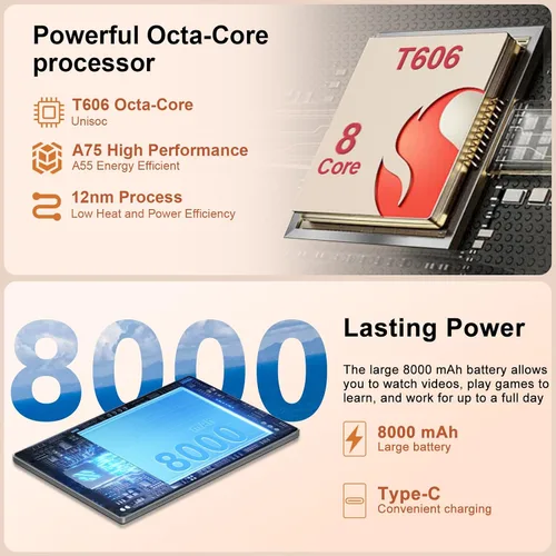 Vista 8 de Tableta de 10 pulgadas, 22 GB de RAM+128 GB ROM+1 TB Expand, tableta Android con teclado y mouse, batería de 8000 mAh, pantalla IPS de 1280 x 800