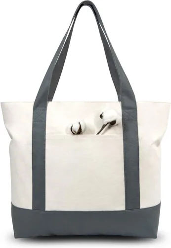 Vista 14 de TOPDesign Paquete de 1 bolsa de lona con bolsillo externo, bolsa de compras reutilizable para comestibles, cierre de cremallera superior, artículos