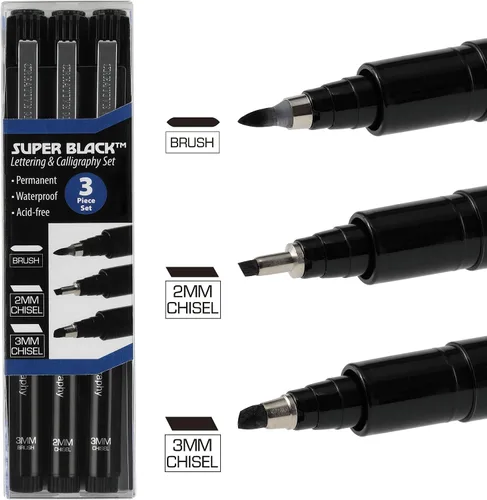 Vista 2 de Creative Mark Juego de 3 bolígrafos de caligrafía y punta fina para dibujo de letras y caligrafía, súper negro, permanente, resistente al agua y sin