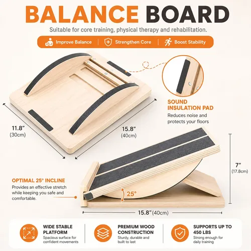 Vista 3 de MUCITAGF - Tabla de equilibrio de madera profesional 2 en 1 y tabla inclinada, 3 ángulos Adjustable Incline Board and Calf Stretcher, Stretch
