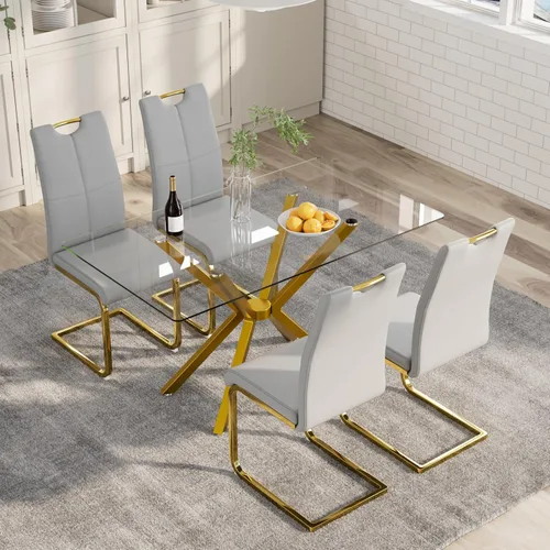 Vista 25 de 5-Piece 47" Dining Table with 4 PU Leather Chairs, Modern Dining Table Set for 4, Rectangle Black Top Kitchen Table with Black Metal Legs for Dining