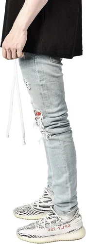 Vista 3 de Pantalones de mezclilla para hombre, estilo vintage, rasgados, estampados, ajustados, estilo hip hop, ajustados, con parches