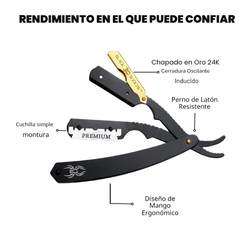Vista 3 de Navaja de barbero de hoja recta, navaja profesional de barbero de hoja recta, cómodo agarre de pulgar, navaja ejecutiva Black Widow, Negro