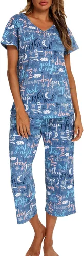 Vista 3 de ENJOYNIGHT - Conjunto de pijama para mujer, ropa de dormir de algodón con camiseta y pantalones capri, lindos pijamas