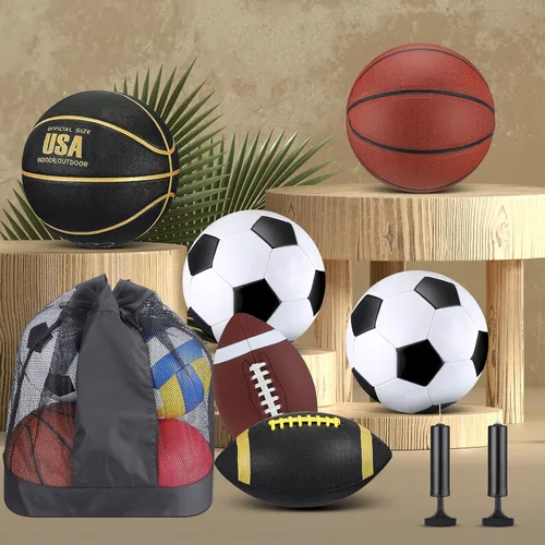 Vista 6 de Lenwen Juego de 6 pelotas deportivas para niños y adolescentes, incluye balón de fútbol de baloncesto de tamaño oficial con bolsas