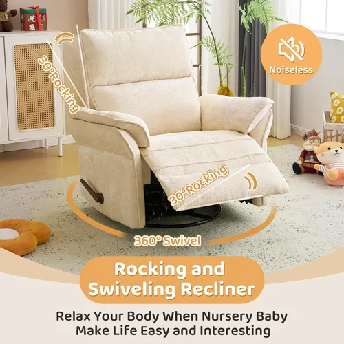 Vista 3 de Sillón reclinable giratorio de gran tamaño con reposacabezas ajustable, mecedora para guardería con reposabrazos sobrerelleno, silla reclinable Beige
