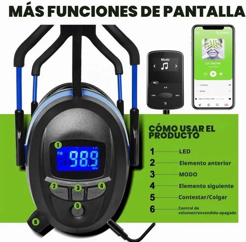 Vista 2 de Gardtech Protección auditiva con Bluetooth, orejeras de radio FM, NRR 29dB, auriculares de protección auditiva con cancelación de ruido con MP3