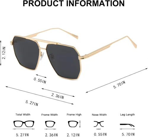 Vista 5 de BUTABY Gafas de sol retro para mujeres y hombres vintage cuadradas de gran tamaño polarizadas clásicas marco de metal UV400 gris dorado Gold Frame