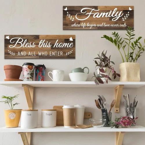 Vista 7 de Jetec - Letrero de pared de madera con texto en inglés «Bless This Home», 2 unidades, color marrón
