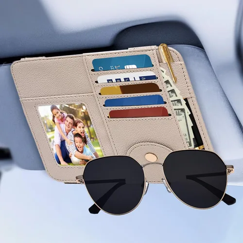 Vista 9 de Organizador de visera, soporte para lentes de sol de albaricoque para automóvil, organizadores de visera con múltiples bolsillos y marco de fotos