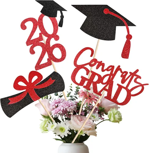Vista 9 de Juego de 20 decoraciones de fiesta de graduación 2026, centro de mesa de graduación de doble cara con purpurina para mesas, mesas, accesorios