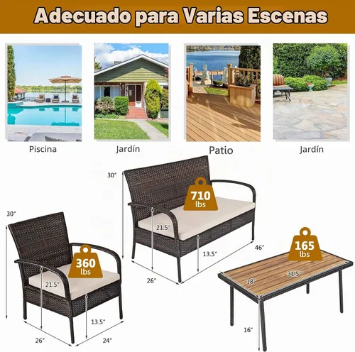 Vista 2 de COSTWAY Juego de muebles de ratán de patio de 4 piezas para conversación al aire libre, mesa de centro con cojines