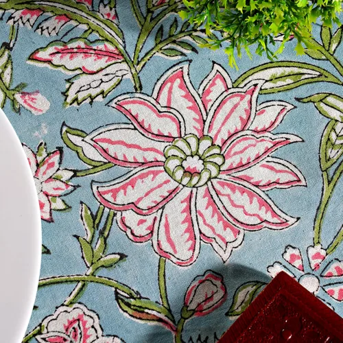 Vista 7 de Ridhi Mantel redondo con estampado de bloques a mano, color azul turquesa