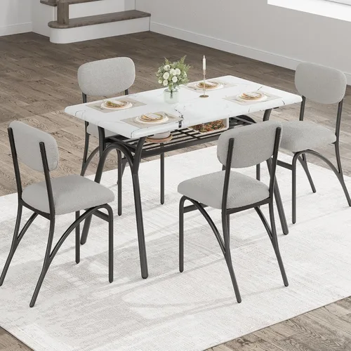 Vista 3 de GarveeHome Juego de mesa de comedor de 5 piezas para 4, mesa de cocina moderna con 4 sillas de bouclé, mesa de comedor rectangular con estante