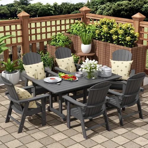Vista 2 de WO - Juego de 7 sillas de comedor Adirondack para exteriores, muebles estéticos retro para exteriores, comedor, hogar, balcón, terraza, césped, Gris