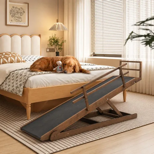 Vista 8 de Rampa para perros para cama, rampa de madera ajustable para mascotas de 46 Beige
