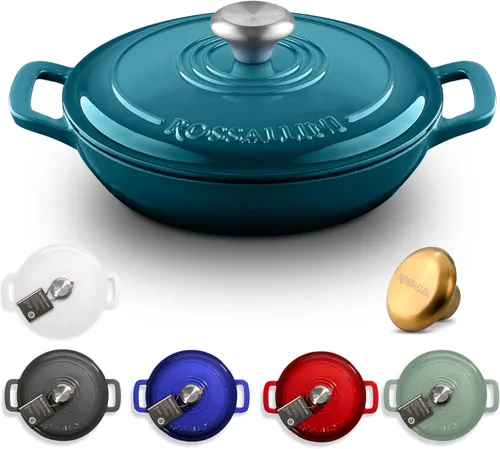 Vista 10 de ROSSALLINI Brasera de Hierro Fundido Esmaltada Signature, Olla de Servir Antiadherente con Tapa de Cierre Hermético para Asado Perfecto, Horneado