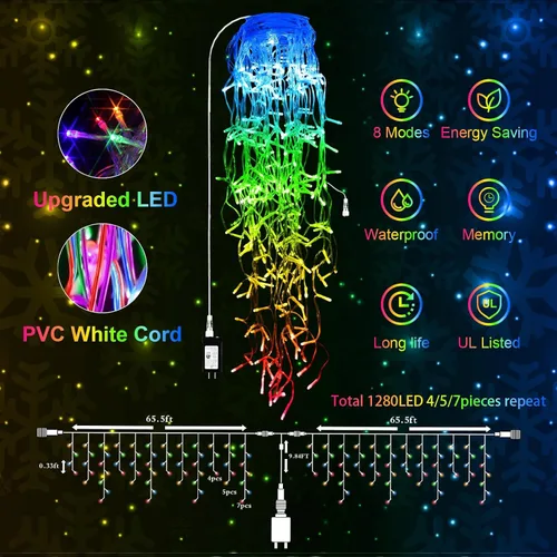 Vista 4 de JXLEDAYY Luces de Navidad superlargas de 1280 luces LED de 131 pies con 240 caídas, enchufables, con 8 modos de decoración de Navidad, para Multi