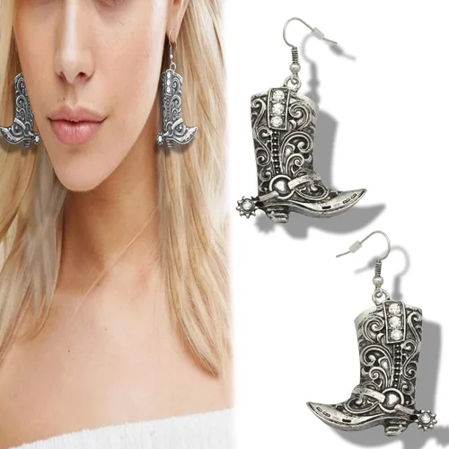 Vista 2 de RechicGu Botas vaqueras del oeste del oeste de Texas con diseño de espur colgantes, aretes colgantes de Rodeo Boho