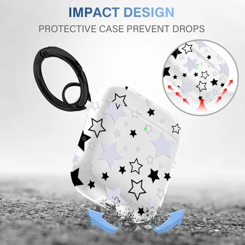 Vista 6 de Funda compatible con Airpods con llavero de estrella, diseño de estrella con bonitos encantos, funda protectora suave de poliuretano termoplástico a