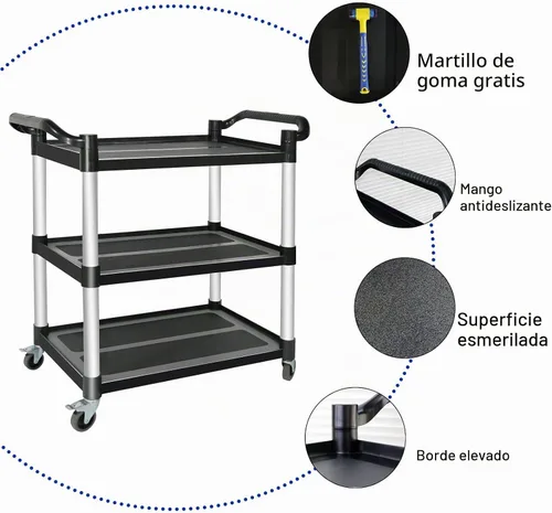 Vista 2 de Carros utilitarios de plástico con ruedas, carrito de restaurante de 3 niveles, carrito de servicio de alimentos resistente 420 libras, carrito