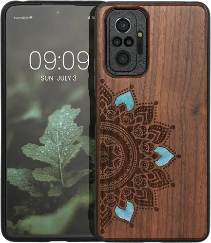 Vista 8 de kwmobile Funda de madera compatible con Xiaomi Redmi Note 10 Pro - Funda - Rising Sun Mother of Pearl Marrón oscuro