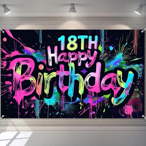 Vista 22 de HOMETITUTE Pancarta de Neón de Feliz 10mo Cumpleaños 71 x 43 pulgadas, Salpicadura de Pintura que Brilla en la Oscuridad, Telón de Fondo