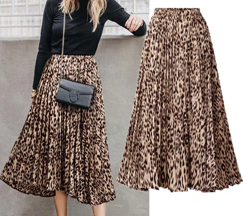 Vista 5 de CHARTOU - Falda drapeada, acampanada, cintura alta elástica, moderna, estampado de leopardo y largo por debajo de la rodilla para mujer