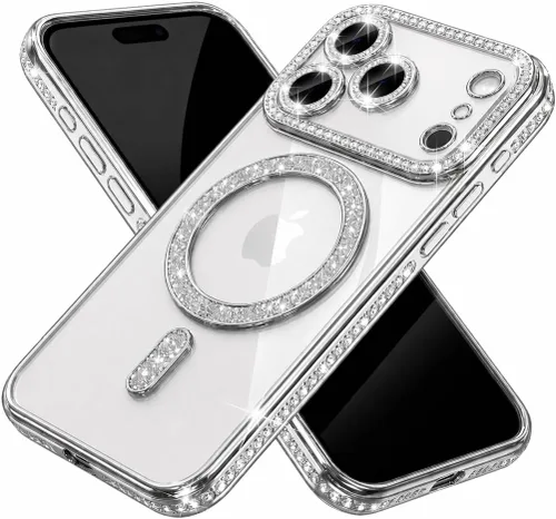 Vista 13 de Funda magnética con purpurina y diamante para iPhone 11 [Compatible con MagSafe] Protector de lente de cámara con brillo de strass, placa de cristal
