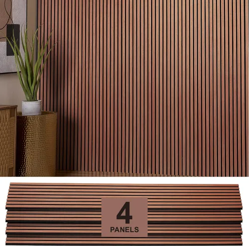 Vista 2 de Paneles de madera para pared, paneles de pared acústicos de roble, 4 unidades, paneles de madera de pared, 94.49 x 12 pulgadas, paneles de pared