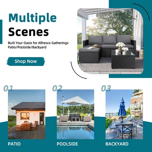 Vista 4 de Juego de muebles de patio con cojines suaves desmontables, sofá seccional de patio de 3 piezas, juego de sofá de conversación de ratán PE para todo