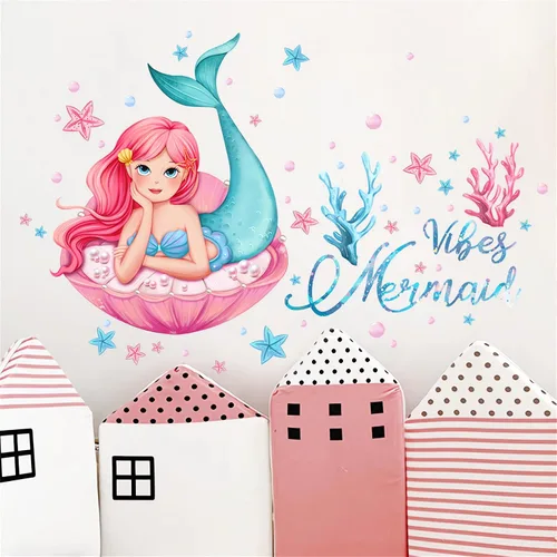 Vista 3 de Calcomanías de pared con diseño de niña sirena y plantas de agua de coral, sacinora Art, vinilo extraíble para despegar y pegar para guardería