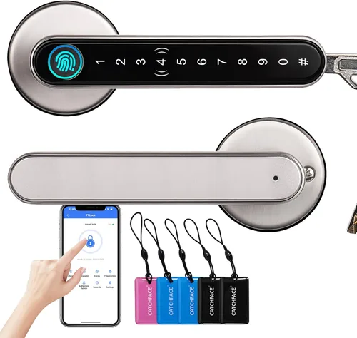 Vista 11 de CATCHFACE cerradura inteligente para puerta, cierre y apertura con huella dactilar/app TTlock/código/llave, con wifi, manija biométrica para puerta