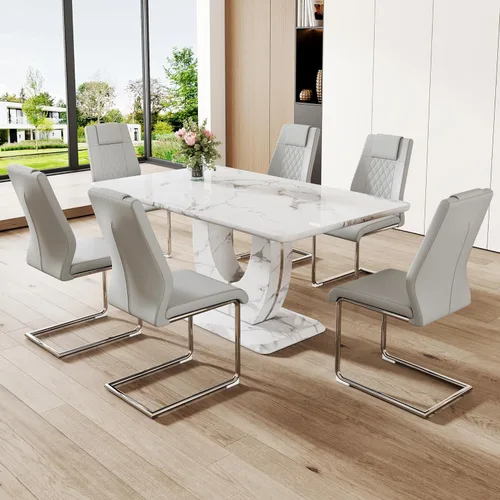 Vista 18 de Moderno juego de mesa de comedor de mármol sintético para 4, mesa de cocina rectangular blanca de 63 pulgadas con elegante base de pedestal